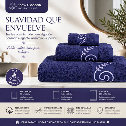 Set of 3 100% Natural Cotton Towels with Elegant Embroidery, 12 Colors Available, Set Consisting of Toilet Towel 30×50cm, Washbasin Towel 50×100cm and Bath Sheet 100×150cm, High Absorbency, Soft on the Skin, Machine Washab