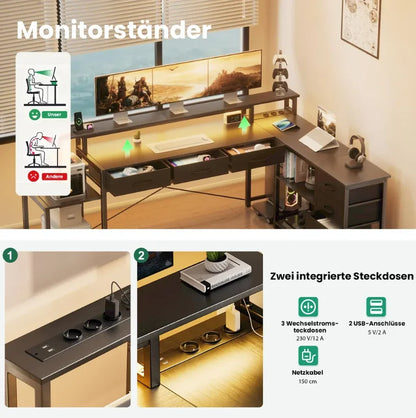 Computer Desk, Corner Desk with Storage Drawers, Power Outlets and USB Ports, Monitor Shelf, Led Lights Black/White