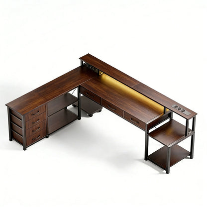 Computer Desk, Corner Desk with Storage Drawers, Power Outlets and USB Ports, Monitor Shelf, Led Lights Black/White