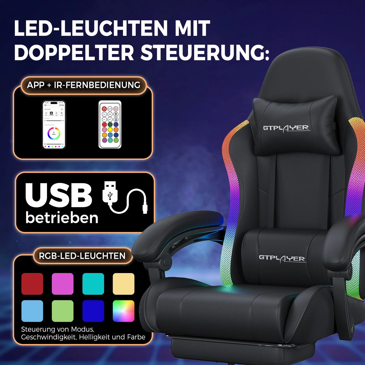 GTPLAYER Gaming Chair, Office Chair, Gaming Chair with LED Light Bar and Massage Function, Gamer Chair, Backrest with Storage Bag Ergonomic PC Chair with Remote Control