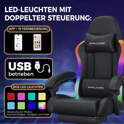 GTPLAYER Gaming Chair, Office Chair, Gaming Chair with LED Light Bar and Massage Function, Gamer Chair, Backrest with Storage Bag Ergonomic PC Chair with Remote Control