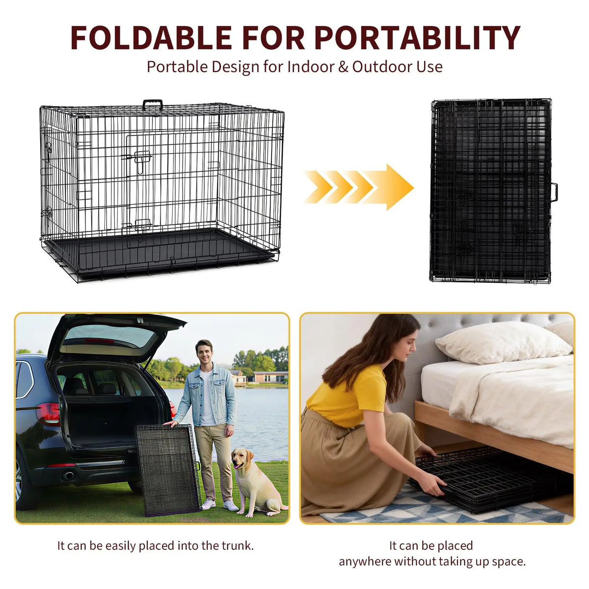 Foldable dogs Box with 2 Doors, 107x70x77.5 cm Folding Metal dogs cage with Removable Waterproof Floor Track and Partition Wall for Medium dogs