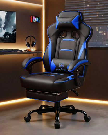 GTPLAYER Gaming chair with footrest, ergonomic office chair 180kg, heavy-duty gaming armchair with lumbar support and headrest, height-adjustable computer chair, padded, reclining 155°