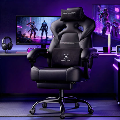 GTPLAYER Gaming Chair with Footrest, Gamer Armchair Height-Adjustable, 200 kg Load Capacity, Adjustable Armrests, Lumbar and Head Pillows, Swivel Gaming Chair
