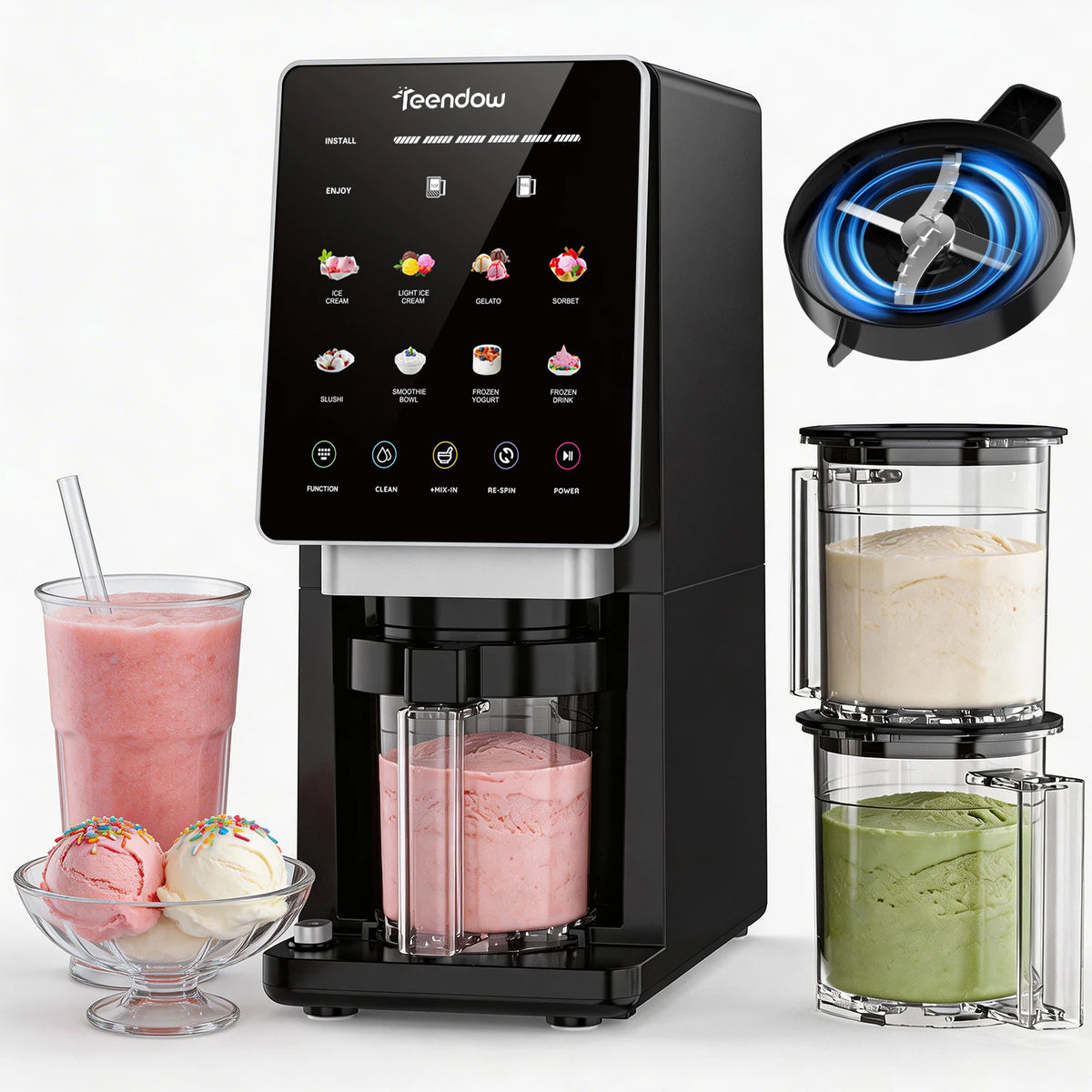 Teendow KF-2501U1 Ice Cream Maker with 8 Preset Programs, Self-Cleaning, Mix-In & Re-Spin Functions, Home Countertop Model