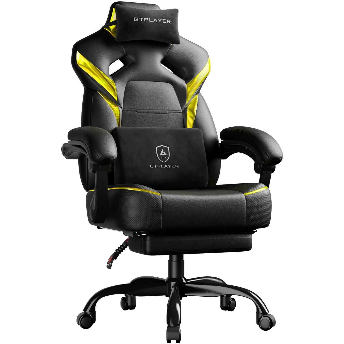 GTPLAYER Gaming Chair with Footrest, Gamer Armchair Height-Adjustable, 200 kg Load Capacity, Adjustable Armrests, Lumbar and Head Pillows, Swivel Gaming Chair