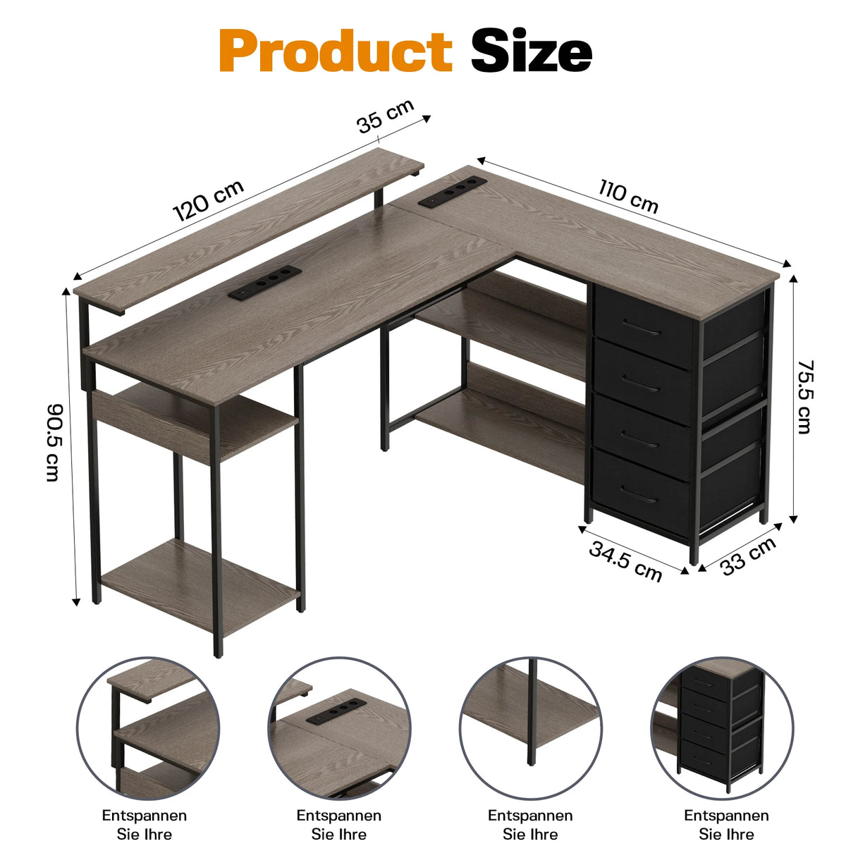 Corner Desk L Shaped Computer Desk with Monitor Stand Fabric Drawers & Storage Shelves Industrial Home Office Desk Wood Look Metal