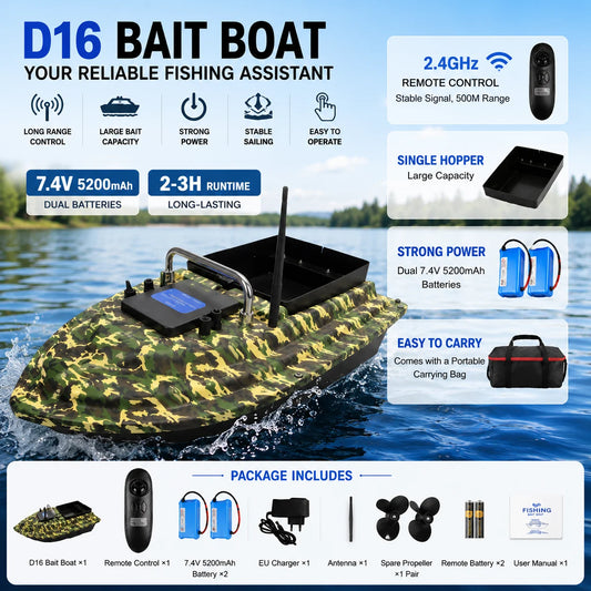 D16 Kamouflage RC Fiskebåt – 7,4V Dubbla 5200mAh, 500 m Räckvidd, CE