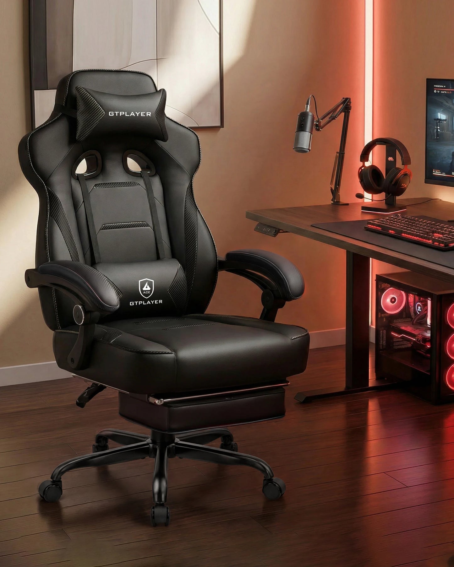GTPLAYER Gaming chair with footrest, ergonomic office chair 180kg, heavy-duty gaming armchair with lumbar support and headrest, height-adjustable computer chair, padded, reclining 155°