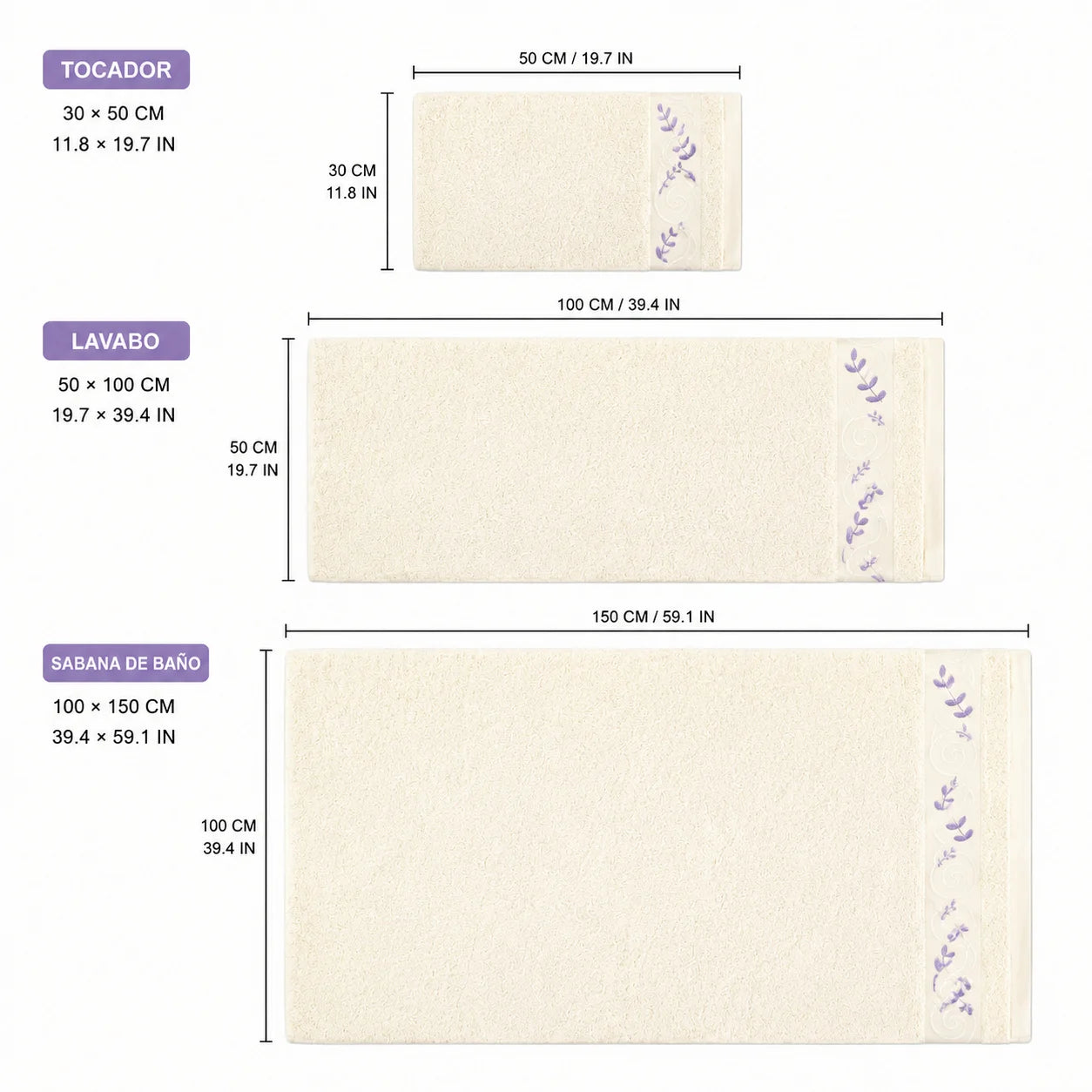 Set of 3 100% Natural Cotton Towels with Elegant Embroidery, 12 Colors Available, Set Consisting of Toilet Towel 30×50cm, Washbasin Towel 50×100cm and Bath Sheet 100×150cm, High Absorbency, Soft on the Skin, Machine Washab