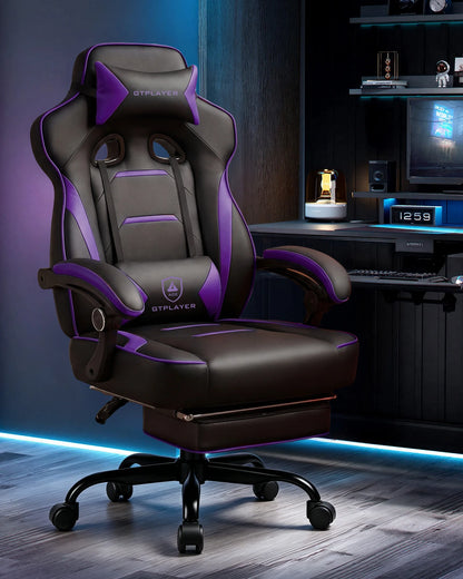 GTPLAYER Gaming chair with footrest, ergonomic office chair 180kg, heavy-duty gaming armchair with lumbar support and headrest, height-adjustable computer chair, padded, reclining 155°