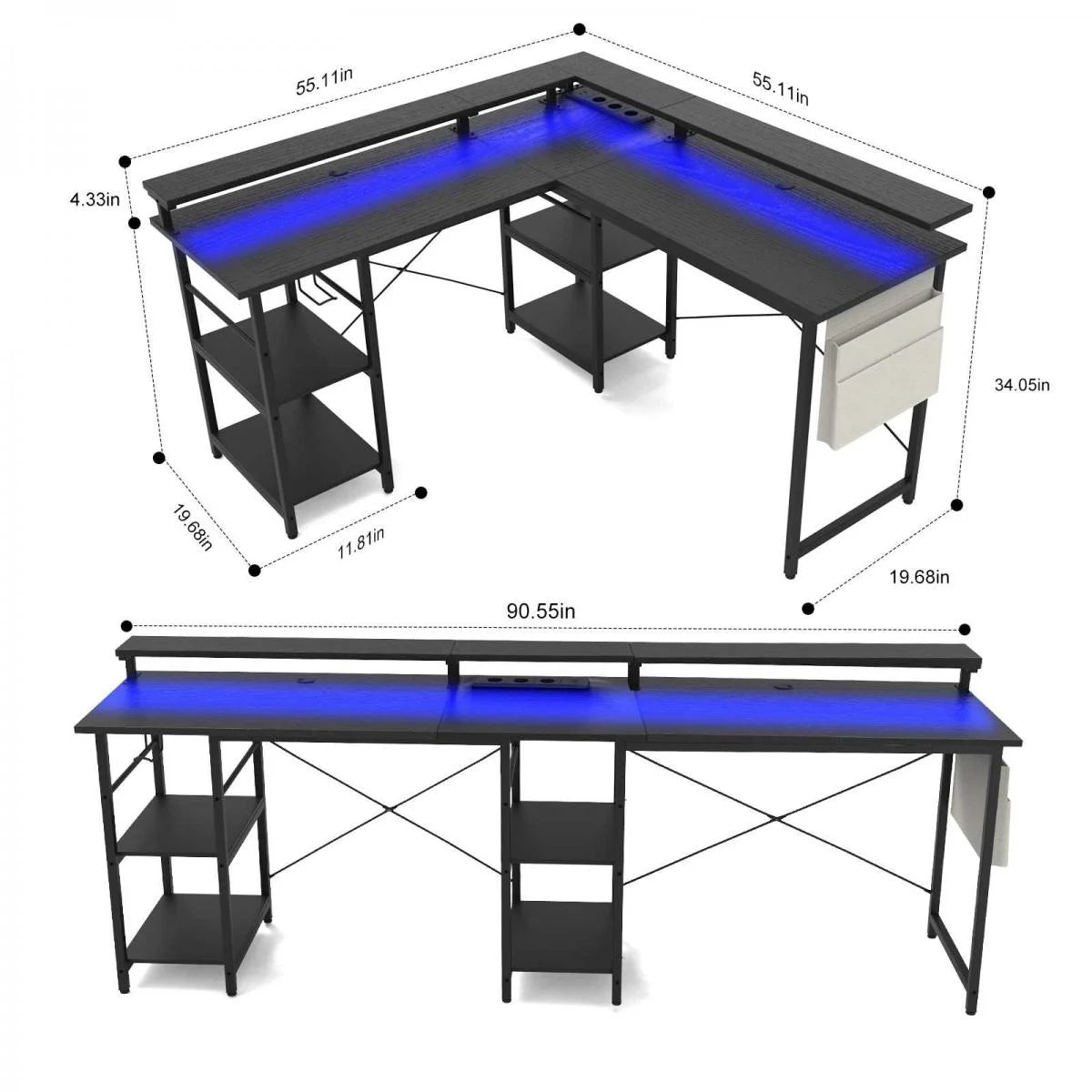 L-Shaped Computer Desk, with Power Outlets & Led Light Strip, Adjustable Height, Modern Stylish Design, Black