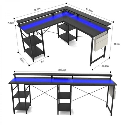 L-Shaped Computer Desk, with Power Outlets & Led Light Strip, Adjustable Height, Modern Stylish Design, Black