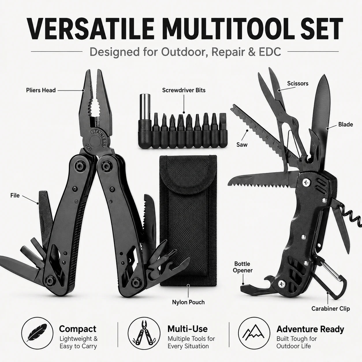 2-Piece Multi Tool Set Portable Folding folds Knife screen driver open Outdoor Camping Survival Repair Tool with Carry Bag