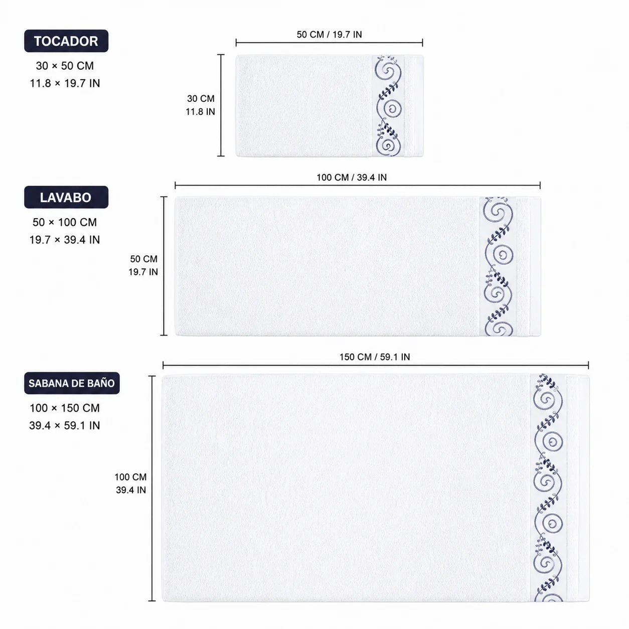 Set of 3 100% Natural Cotton Towels with Elegant Embroidery, 12 Colors Available, Set Consisting of Toilet Towel 30×50cm, Washbasin Towel 50×100cm and Bath Sheet 100×150cm, High Absorbency, Soft on the Skin, Machine Washab