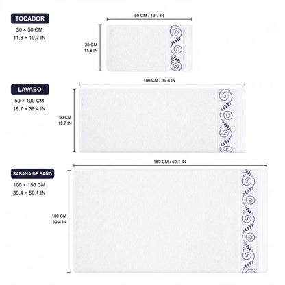 Set of 3 100% Natural Cotton Towels with Elegant Embroidery, 12 Colors Available, Set Consisting of Toilet Towel 30×50cm, Washbasin Towel 50×100cm and Bath Sheet 100×150cm, High Absorbency, Soft on the Skin, Machine Washab