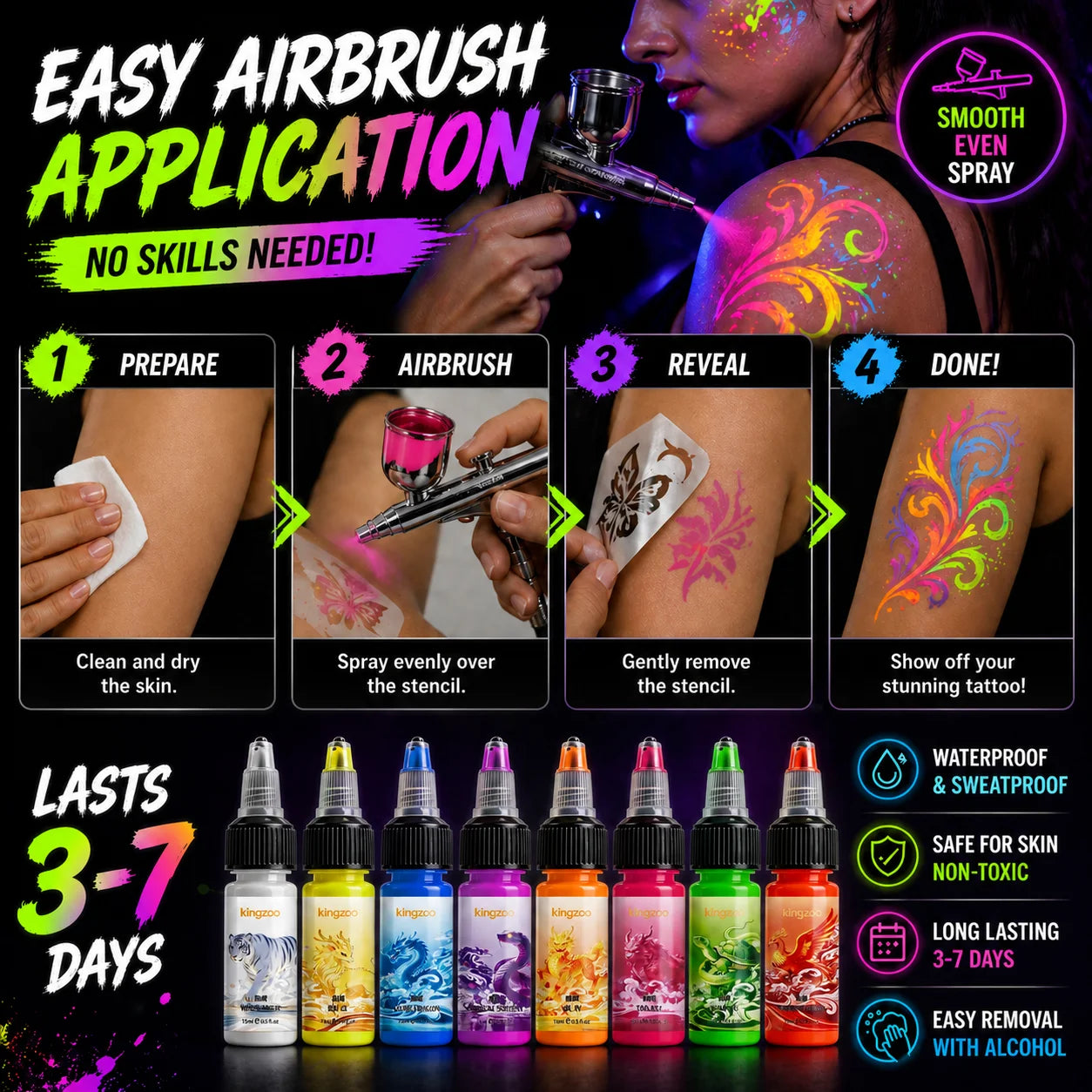 UV Airbrush Tattoo Ink 15ml Fluorescent Body Paint for Festival Waterproof Temporary Tattoo Last 3–7 Days Skin Safe Easy Removal