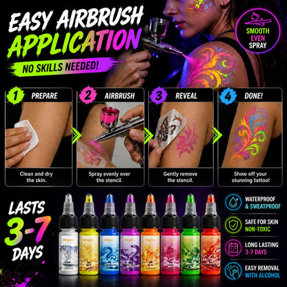 UV Airbrush Tattoo Ink 15ml Fluorescent Body Paint for Festival Waterproof Temporary Tattoo Last 3–7 Days Skin Safe Easy Removal