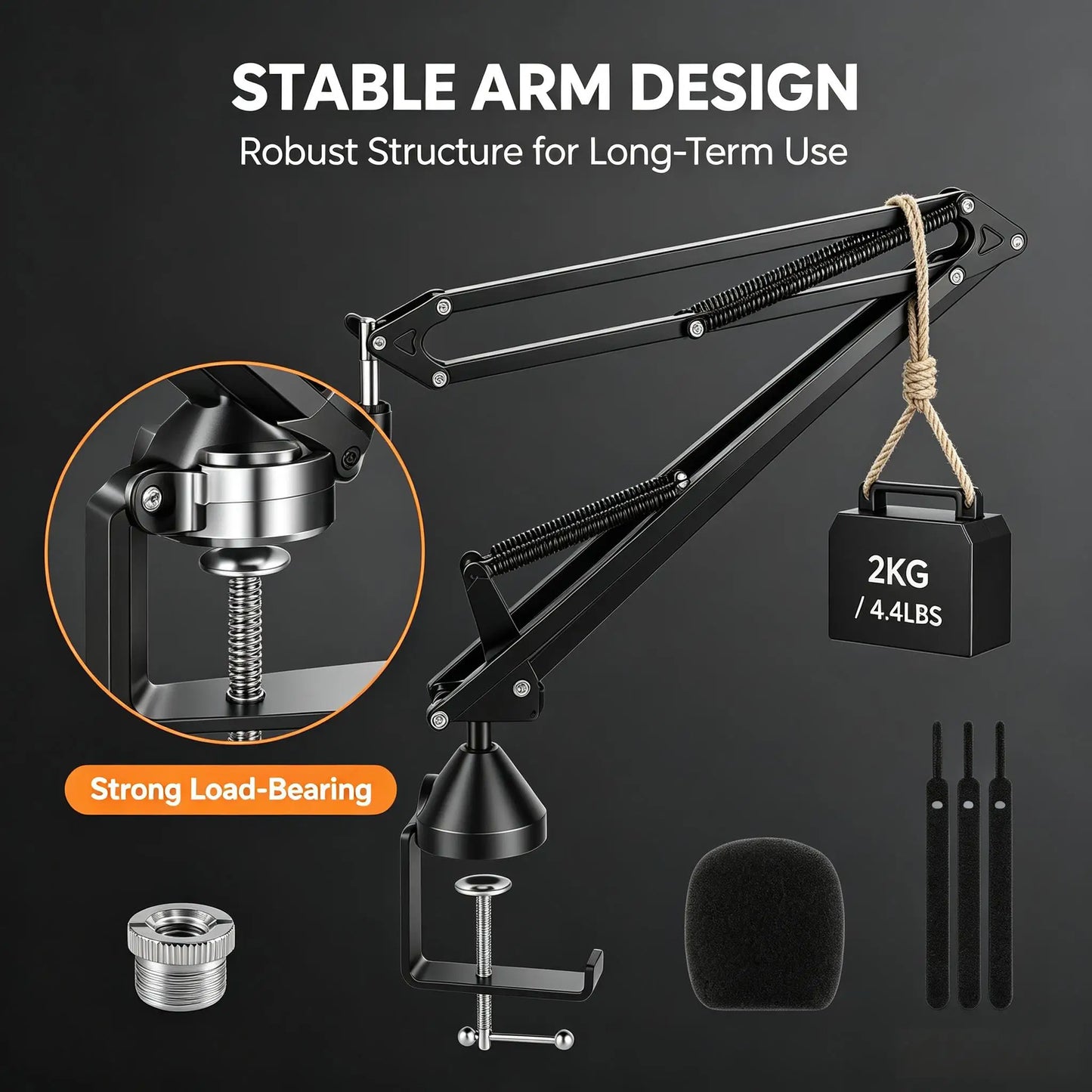 Heavy Duty Microphone Boom Arm Stand with Pop Filter, 2KG Load Capacity Adjustable Mic Scissor Arm with Cable Ties & 3/8" to 5/8" Adapter for Streaming Gaming Podcast