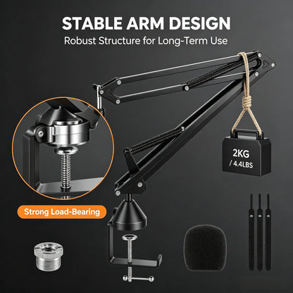 Heavy Duty Microphone Boom Arm Stand with Pop Filter, 2KG Load Capacity Adjustable Mic Scissor Arm with Cable Ties & 3/8" to 5/8" Adapter for Streaming Gaming Podcast