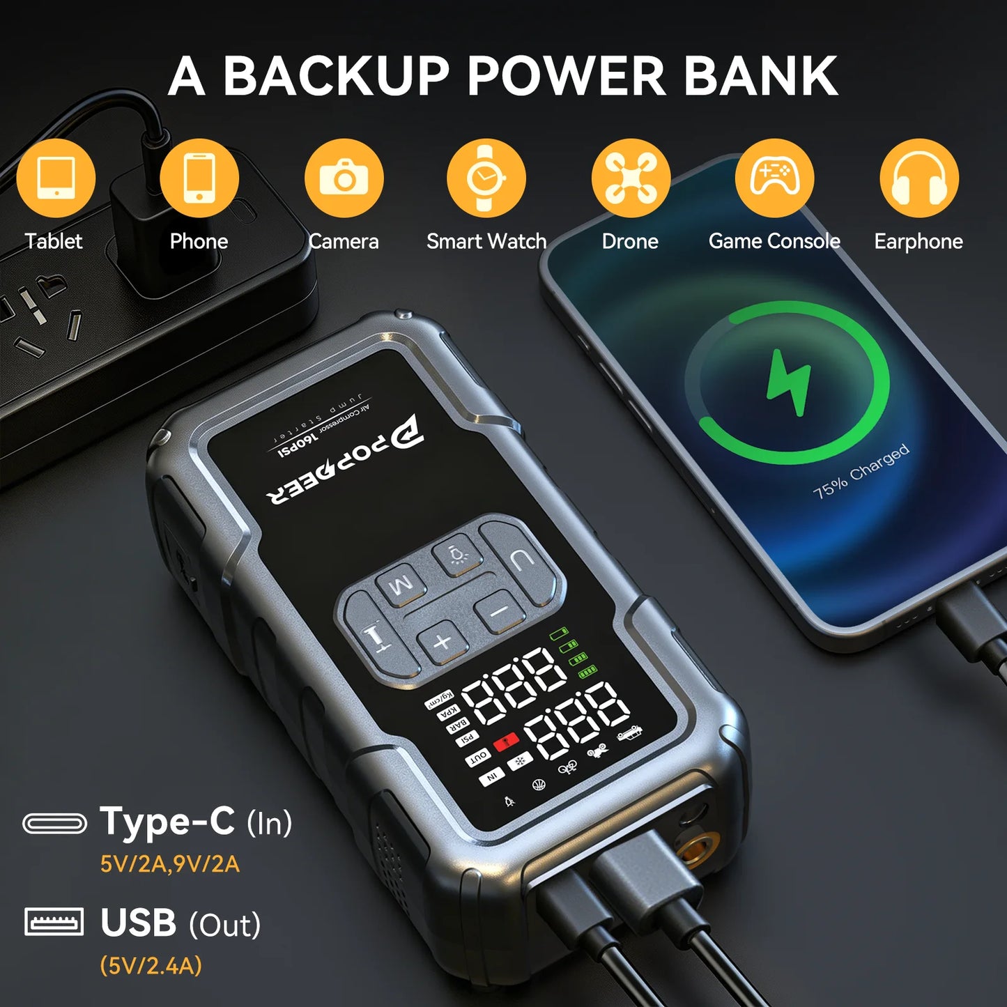 POPDEER PD-JA2 4000A Jump Starter with 160PSI Air Compressor, 8.0L Gas/6.0L Diesel Booster, 600LM Light & Power Bank, Large Screen