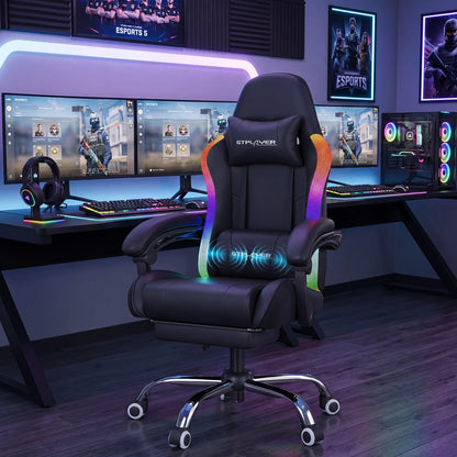GTPLAYER Gaming Chair, Office Chair, Gaming Chair with LED Light Bar and Massage Function, Gamer Chair, Backrest with Storage Bag Ergonomic PC Chair with Remote Control