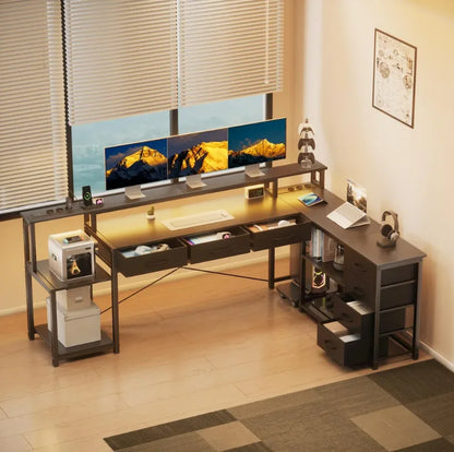 Computer Desk, Corner Desk with Storage Drawers, Power Outlets and USB Ports, Monitor Shelf, Led Lights Black/White