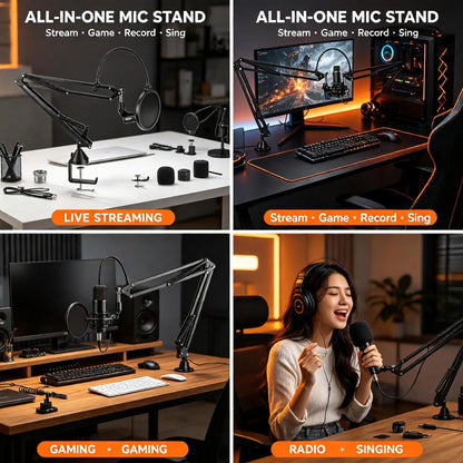 Heavy Duty Microphone Boom Arm Stand with Pop Filter, 2KG Load Capacity Adjustable Mic Scissor Arm with Cable Ties & 3/8" to 5/8" Adapter for Streaming Gaming Podcast