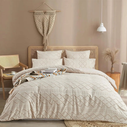 Beige bäddset i mikrofiber med geometriskt strukturmönster – tre storlekar