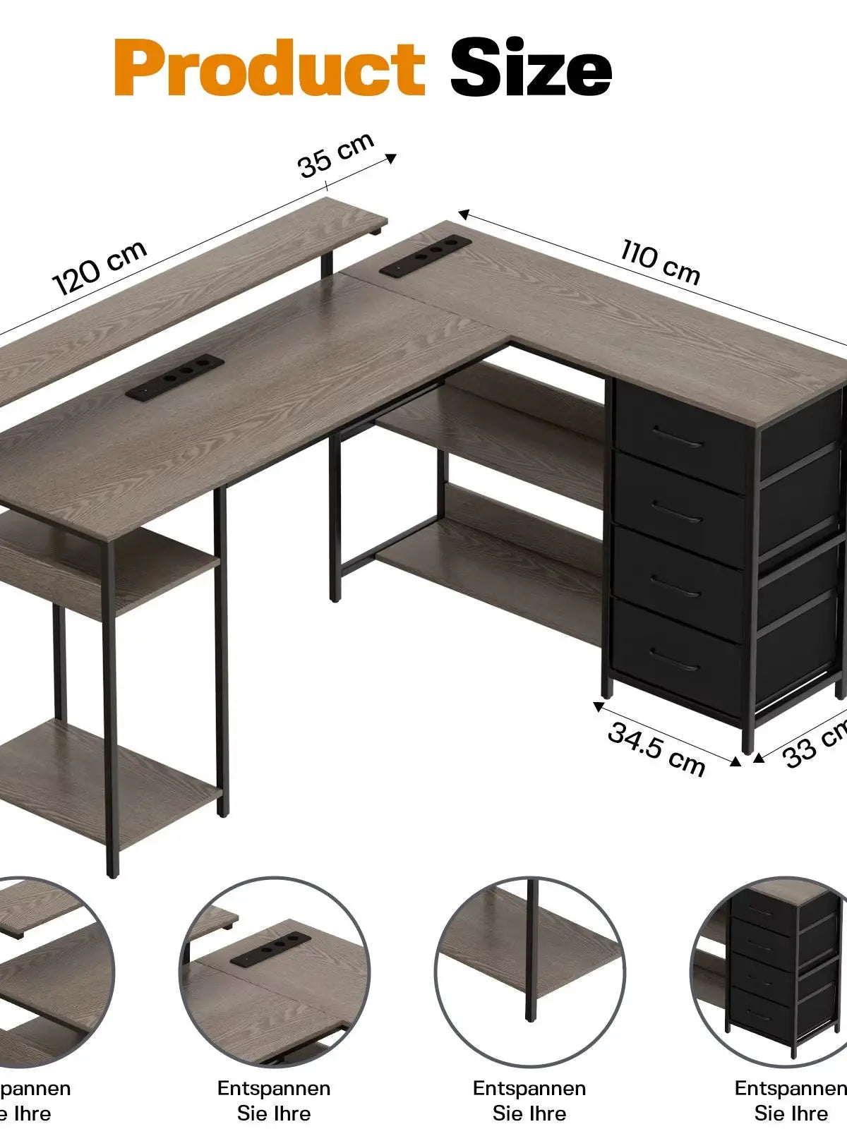 Corner Desk L Shaped Computer Desk with Monitor Stand Fabric Drawers & Storage Shelves Industrial Home Office Desk Wood Look Metal