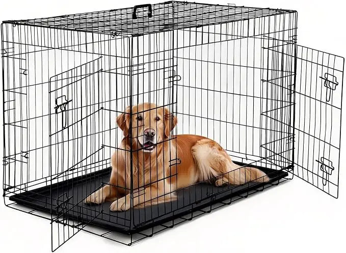 48 inch Double Door Dog Crate Foldable metal dog crate with double doors, adjustable divider, and removable tray for small dogs