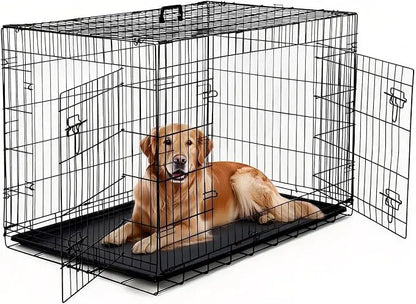 48 inch Double Door Dog Crate Foldable metal dog crate with double doors, adjustable divider, and removable tray for small dogs