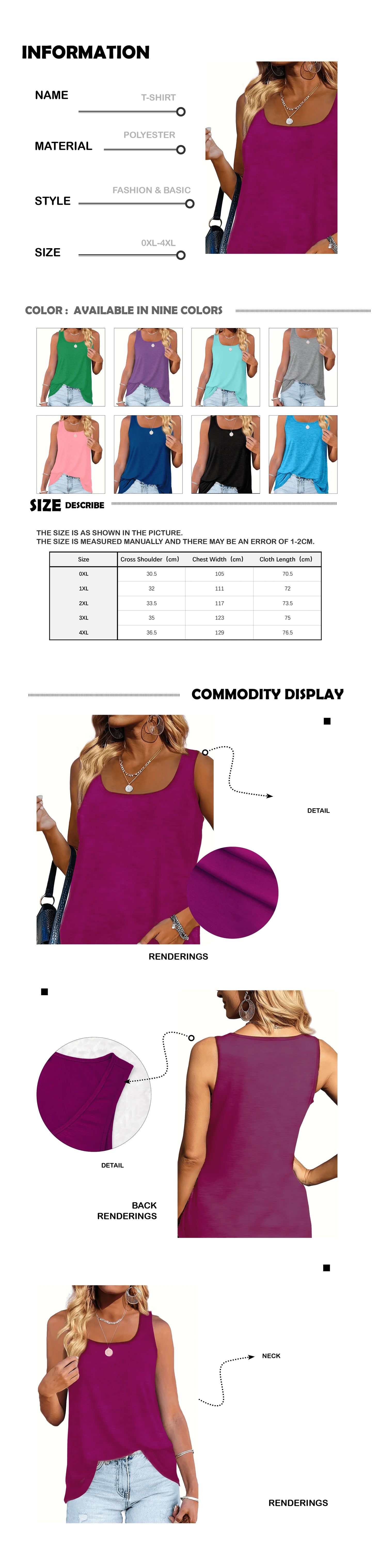 Plus size women's solid color polyester fiber with elastic summer U-neck dolphin hem simple with classic of American casual vest