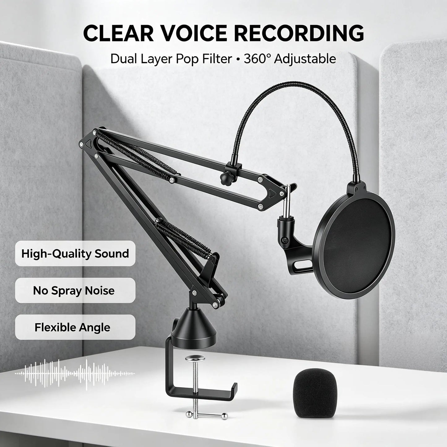 Heavy Duty Microphone Boom Arm Stand with Pop Filter, 2KG Load Capacity Adjustable Mic Scissor Arm with Cable Ties & 3/8" to 5/8" Adapter for Streaming Gaming Podcast