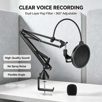 Heavy Duty Microphone Boom Arm Stand with Pop Filter, 2KG Load Capacity Adjustable Mic Scissor Arm with Cable Ties & 3/8" to 5/8" Adapter for Streaming Gaming Podcast
