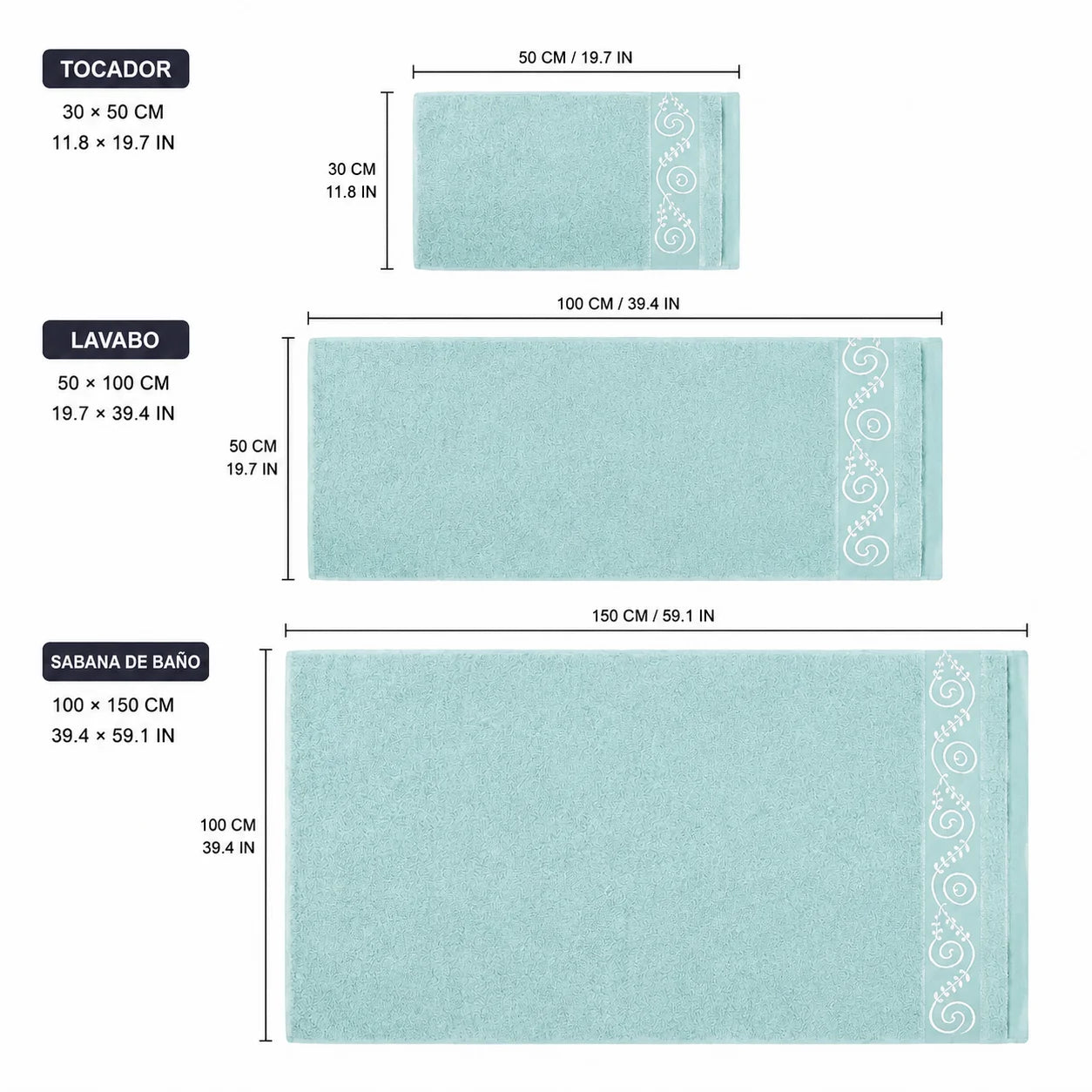Set of 3 100% Natural Cotton Towels with Elegant Embroidery, 12 Colors Available, Set Consisting of Toilet Towel 30×50cm, Washbasin Towel 50×100cm and Bath Sheet 100×150cm, High Absorbency, Soft on the Skin, Machine Washab