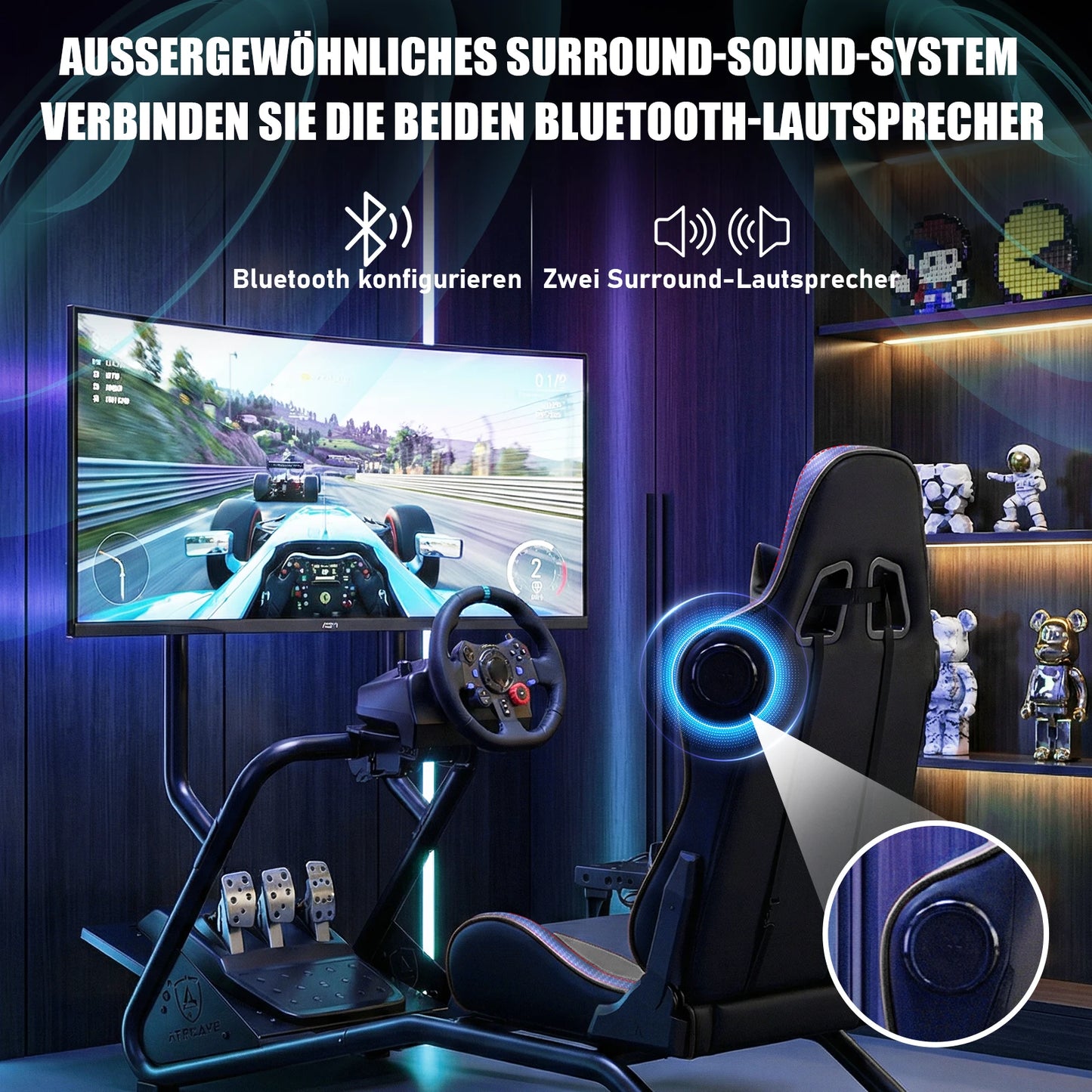 GTPLAYER Simulator Cockpit Racing Simulator steering wheel stand with 3D stereo speakers monitor Mount