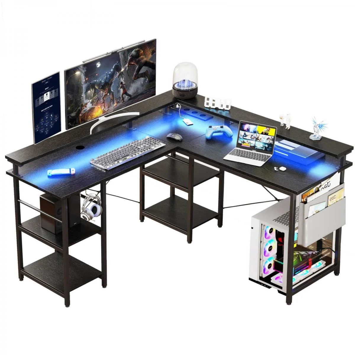 L-Shaped Computer Desk, with Power Outlets & Led Light Strip, Adjustable Height, Modern Stylish Design, Black