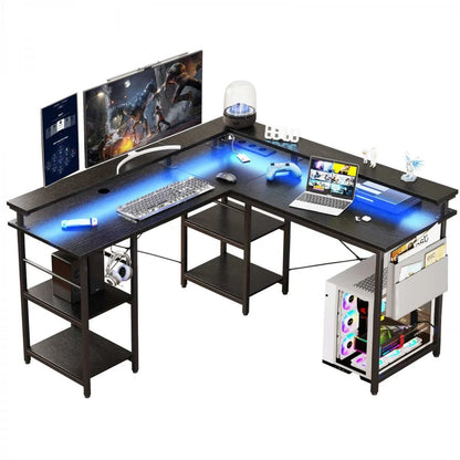 L-Shaped Computer Desk, with Power Outlets & Led Light Strip, Adjustable Height, Modern Stylish Design, Black