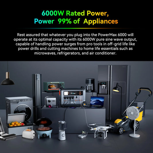 OSCAL PowerMax 6000 Portabel Kraftstation – 3600Wh (utbyggbar 57 600Wh), 6000W (9000W Peak), LiFePO4, Split Phase, UPS, EU-lager