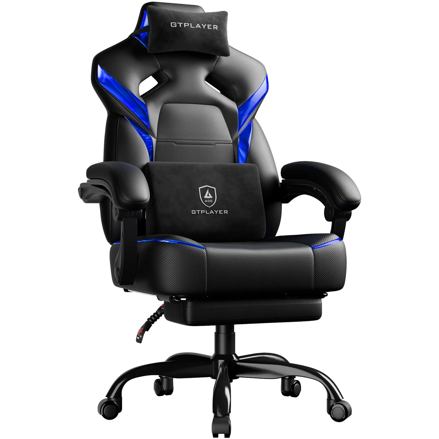 GTPLAYER Gaming Chair with Footrest, Gamer Armchair Height-Adjustable, 200 kg Load Capacity, Adjustable Armrests, Lumbar and Head Pillows, Swivel Gaming Chair