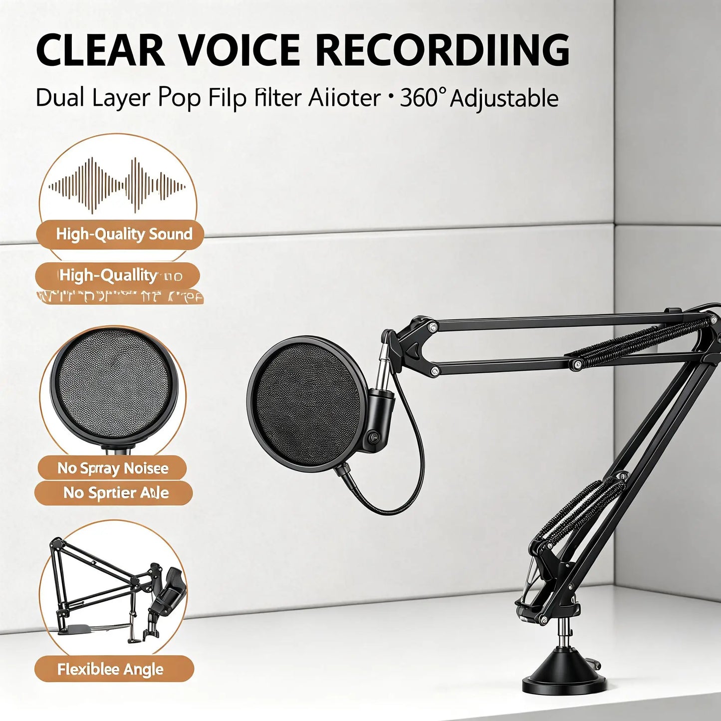 Heavy Duty Microphone Boom Arm Stand with Pop Filter, 2KG Load Capacity Adjustable Mic Scissor Arm with Cable Ties & 3/8" to 5/8" Adapter for Streaming Gaming Podcast