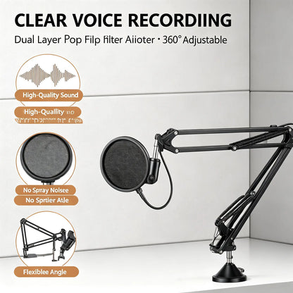 Heavy Duty Microphone Boom Arm Stand with Pop Filter, 2KG Load Capacity Adjustable Mic Scissor Arm with Cable Ties & 3/8" to 5/8" Adapter for Streaming Gaming Podcast