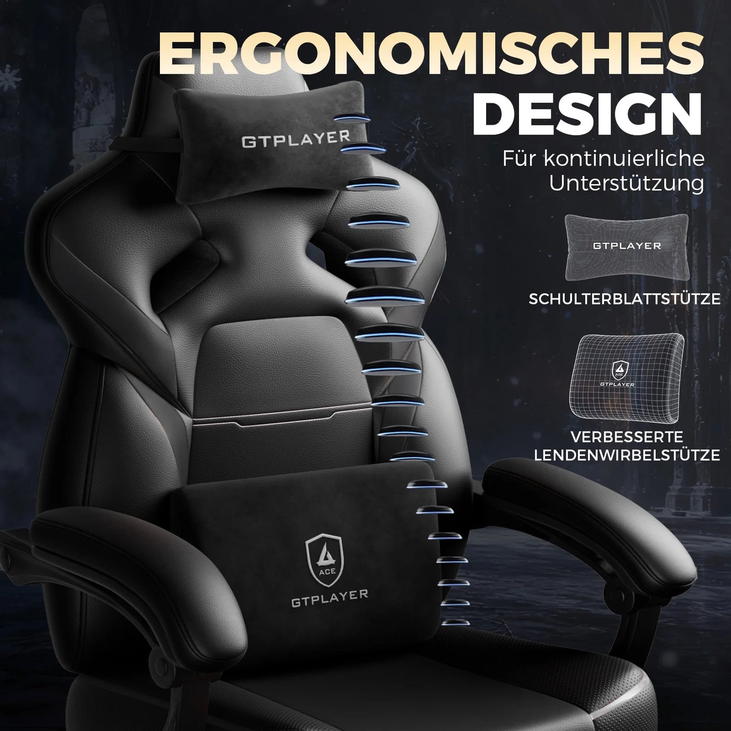 GTPLAYER Gaming Chair with Footrest, Gamer Armchair Height-Adjustable, 200 kg Load Capacity, Adjustable Armrests, Lumbar and Head Pillows, Swivel Gaming Chair