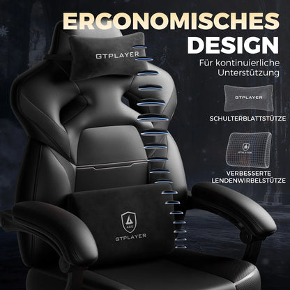GTPLAYER Gaming Chair with Footrest, Gamer Armchair Height-Adjustable, 200 kg Load Capacity, Adjustable Armrests, Lumbar and Head Pillows, Swivel Gaming Chair