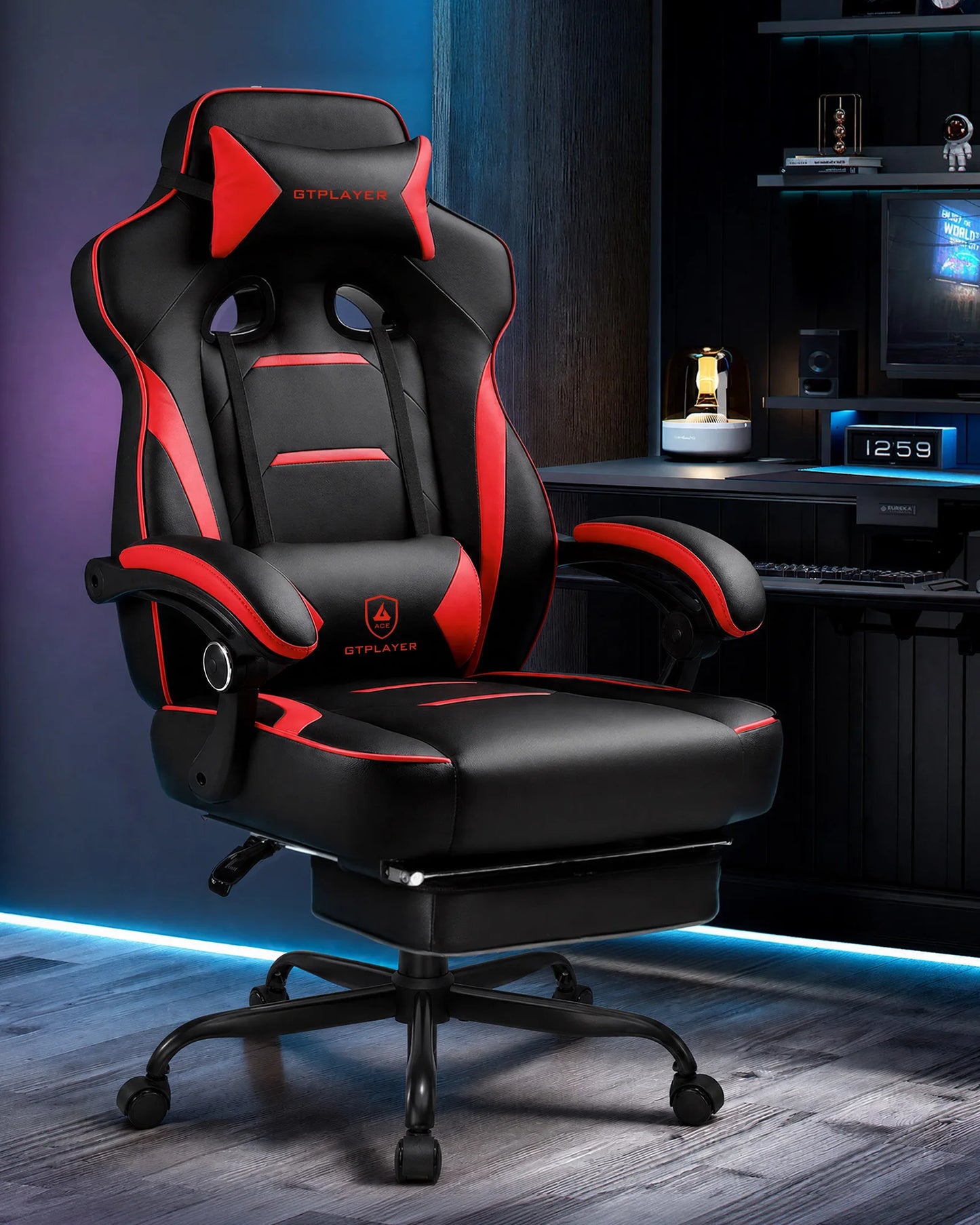 GTPLAYER Gaming chair with footrest, ergonomic office chair 180kg, heavy-duty gaming armchair with lumbar support and headrest, height-adjustable computer chair, padded, reclining 155°