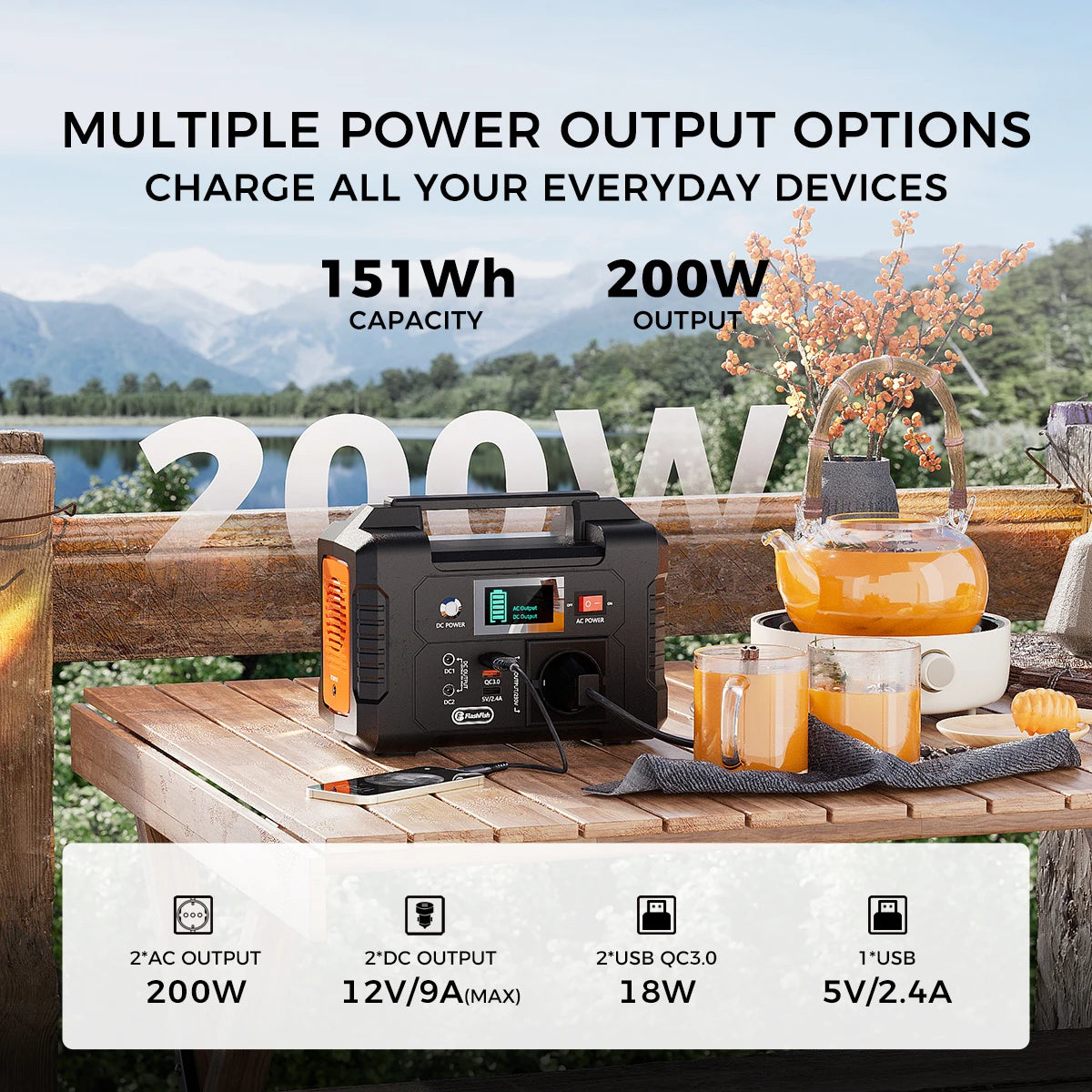 FlashFish E200 Portabel Powerstation 200W – 151Wh Solargenerator med AC/DC/USB, Camping & Nödström