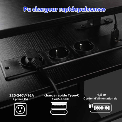L-Shaped Computer Desk, with Power Outlets & Led Light Strip, Adjustable Height, Modern Stylish Design, Black