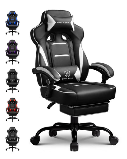 GTPLAYER Gaming chair with footrest, ergonomic office chair 180kg, heavy-duty gaming armchair with lumbar support and headrest, height-adjustable computer chair, padded, reclining 155°