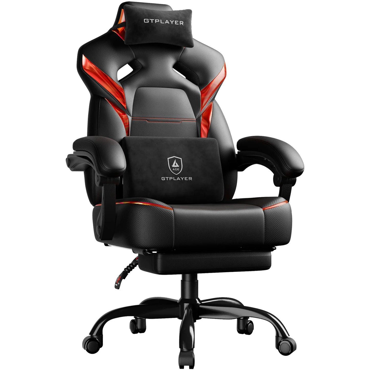 GTPLAYER Gaming Chair with Footrest, Gamer Armchair Height-Adjustable, 200 kg Load Capacity, Adjustable Armrests, Lumbar and Head Pillows, Swivel Gaming Chair